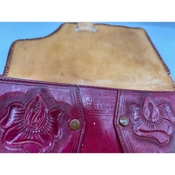 Vtg Red Tooled Leather Purse  J.E. Gomez Mexico Floral Clutch READ Distressed - Picture 4 of 16